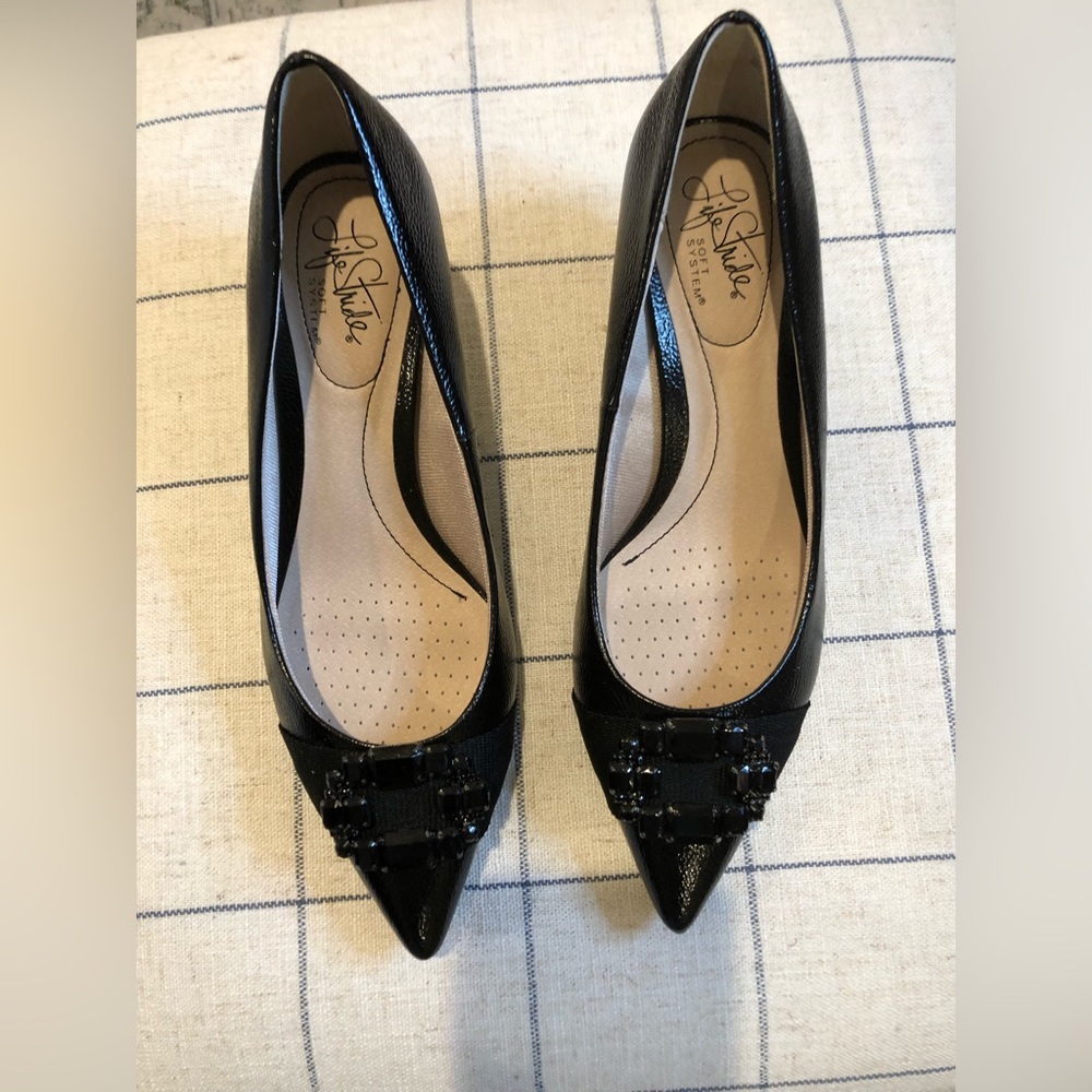 Life Stride black rhinestone embellished kitten heel pump